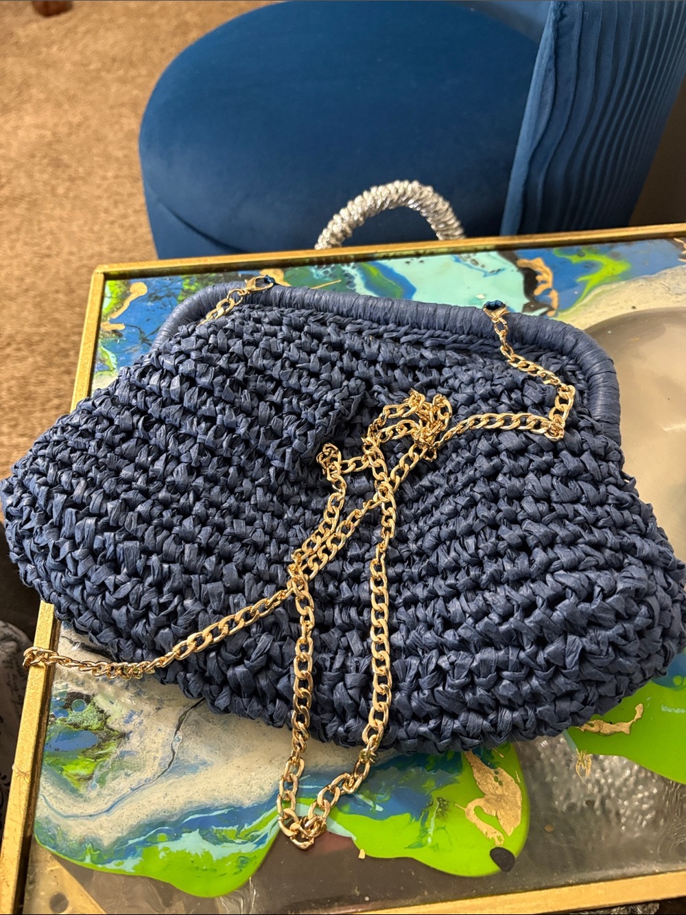 Navy Woven Chain-Handle Shoulder Bag